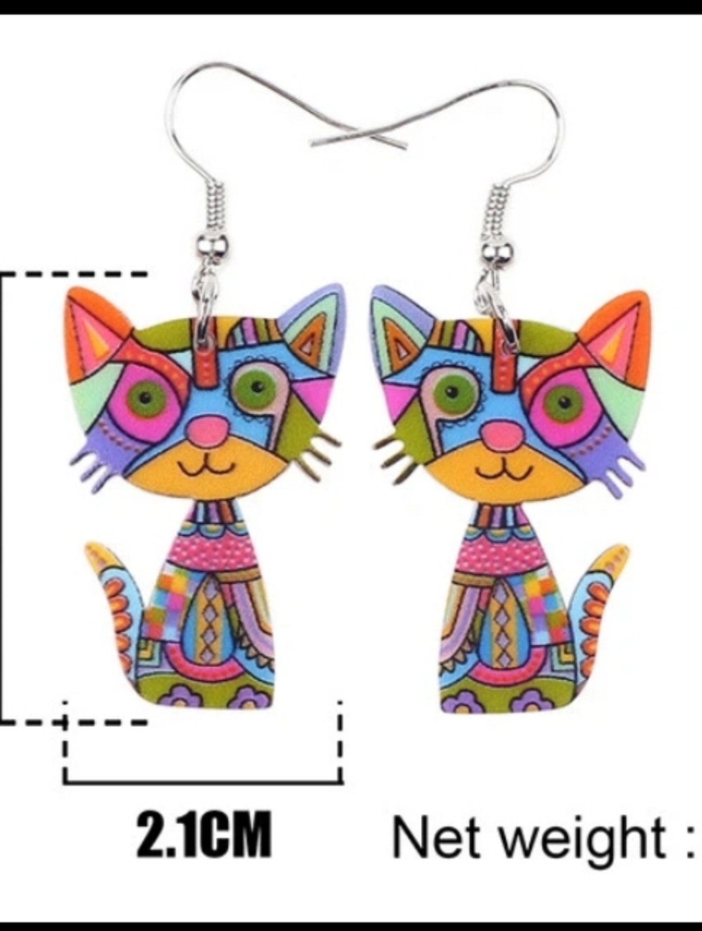 Whimsical Multicolor Cat Dangle Earrings - Picture 7 of 7